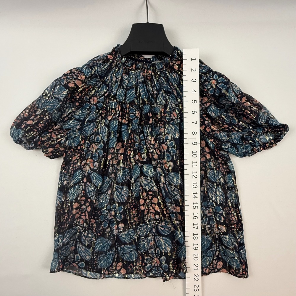Ulla Johnson Silk Lurex Metallic Ruffle Puff Sleeve Blouse Blue Pink Gold 4 - Picture 6 of 9
